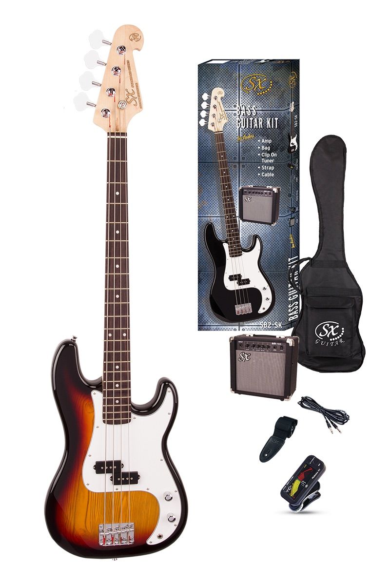 Sx Guitars SB2 SK 3TS 3 Tone Sunburst Pack Kit Completo Basso Elettrico  Precision Style